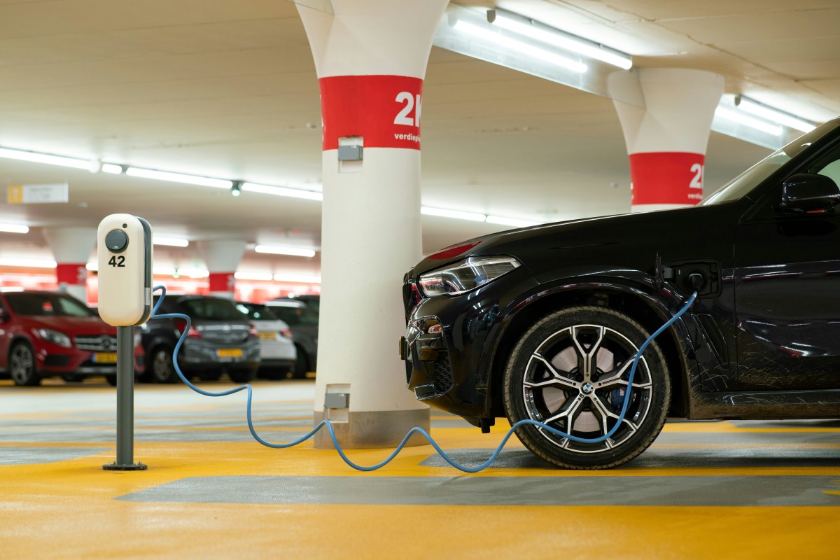 A BMW EV parked in underground parking.